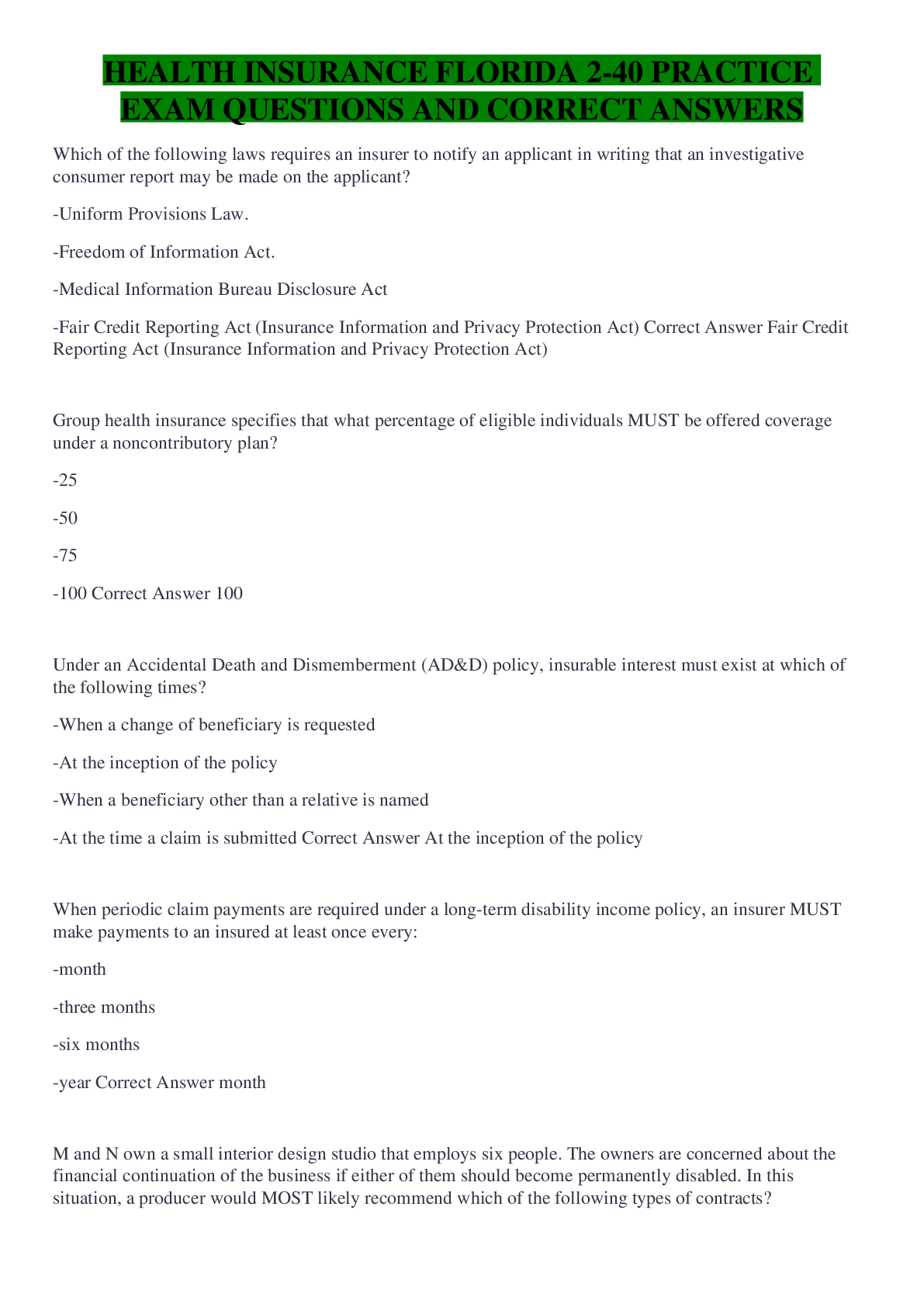 Preview image for HEALTH INSURANCE FLORIDA 2-40 PRACTICE EXAM QUESTIONS AND CORRECT ANSWERS